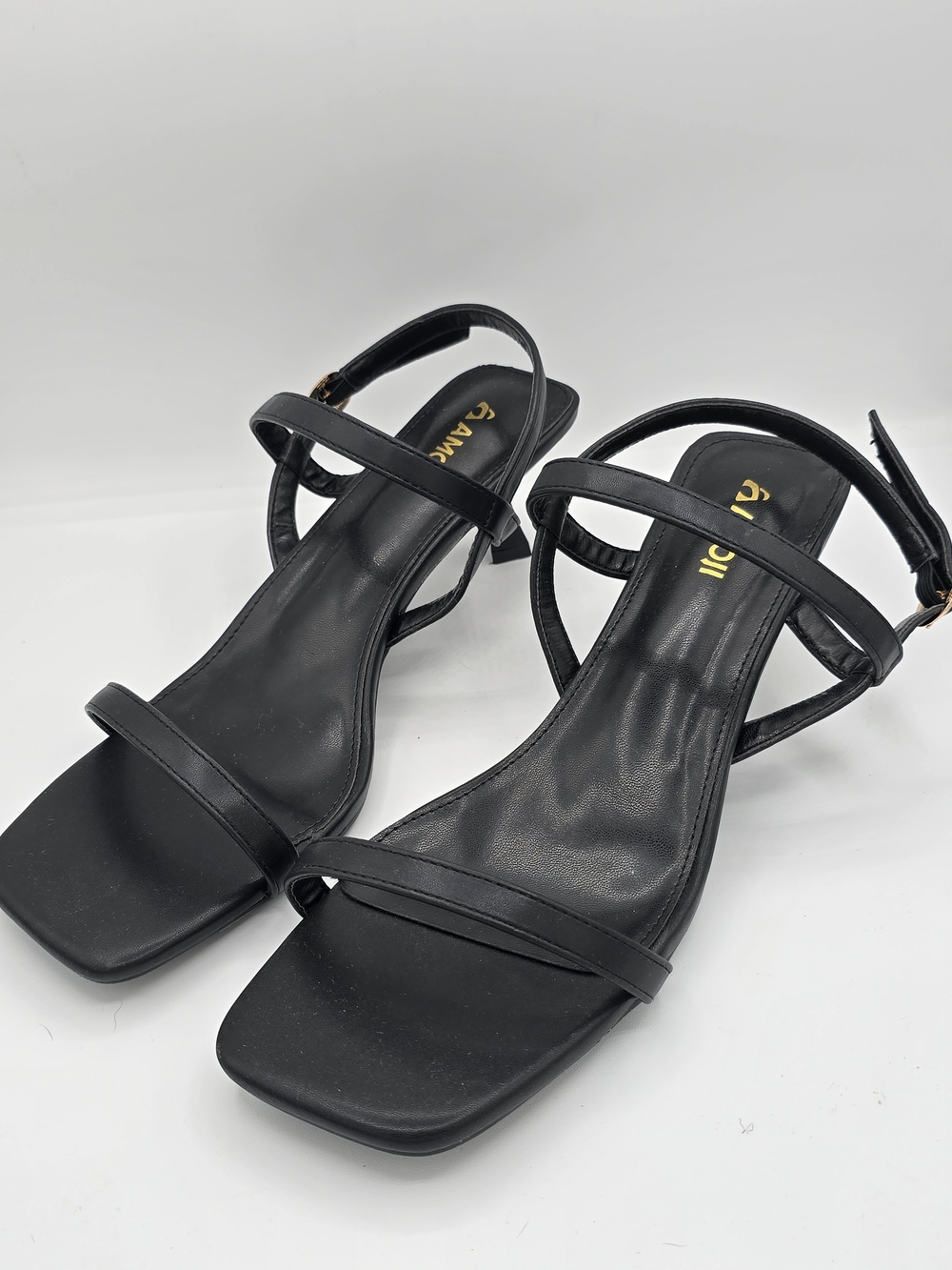 Amoii Black Strappy Square Toe Kitten Heel Sandals Size 41 / US 10